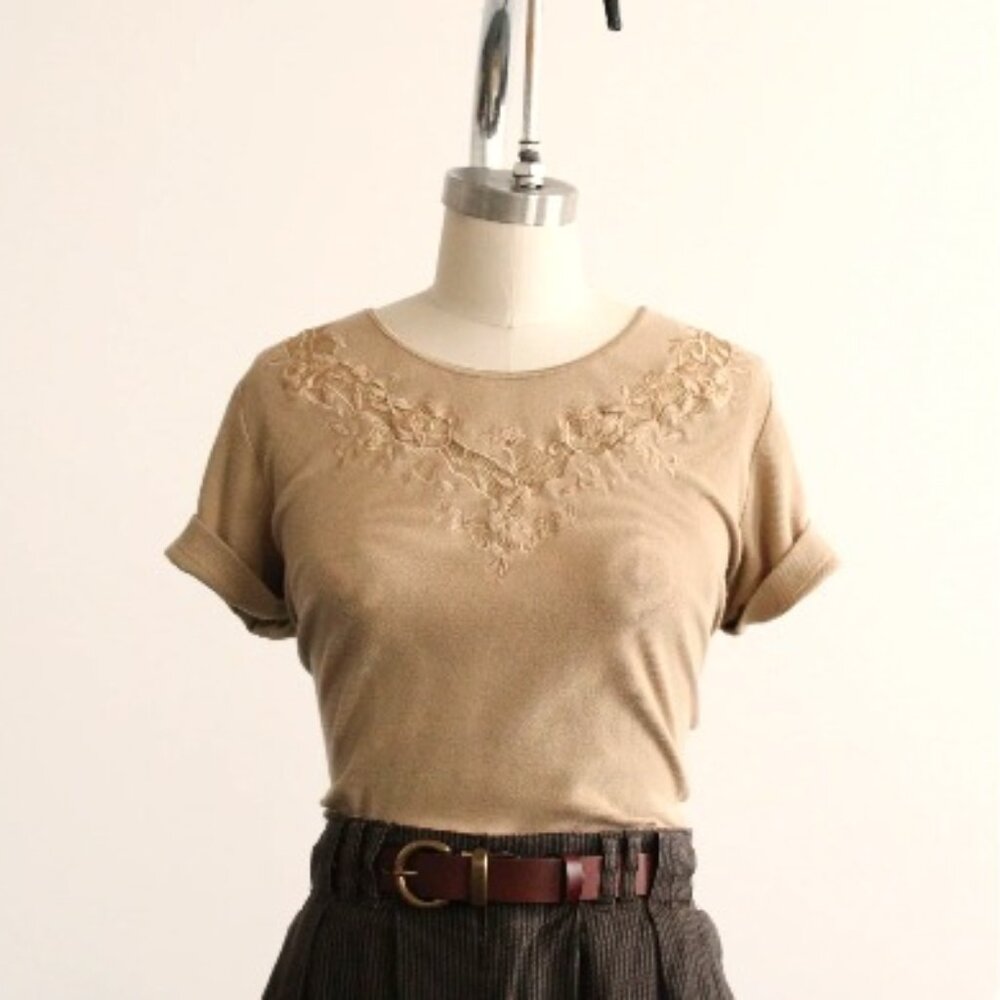 Vintage 80's mesh insert embroidered knit tee, beige
